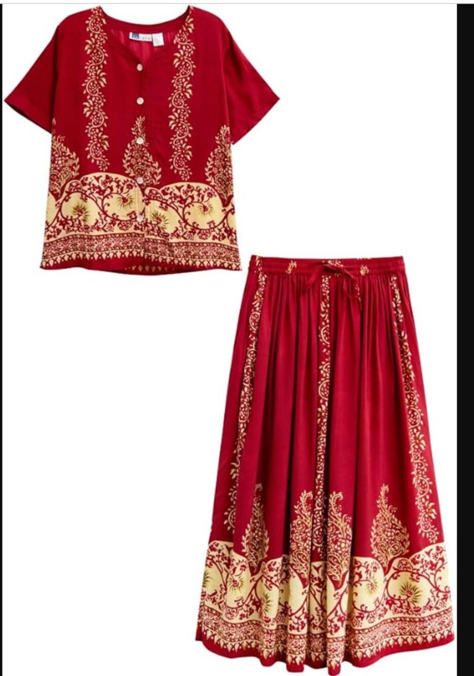 NEW LA CERA Women's Petite Large 2-Piece Printed Blouse Skirt Set Burgundy BOHO